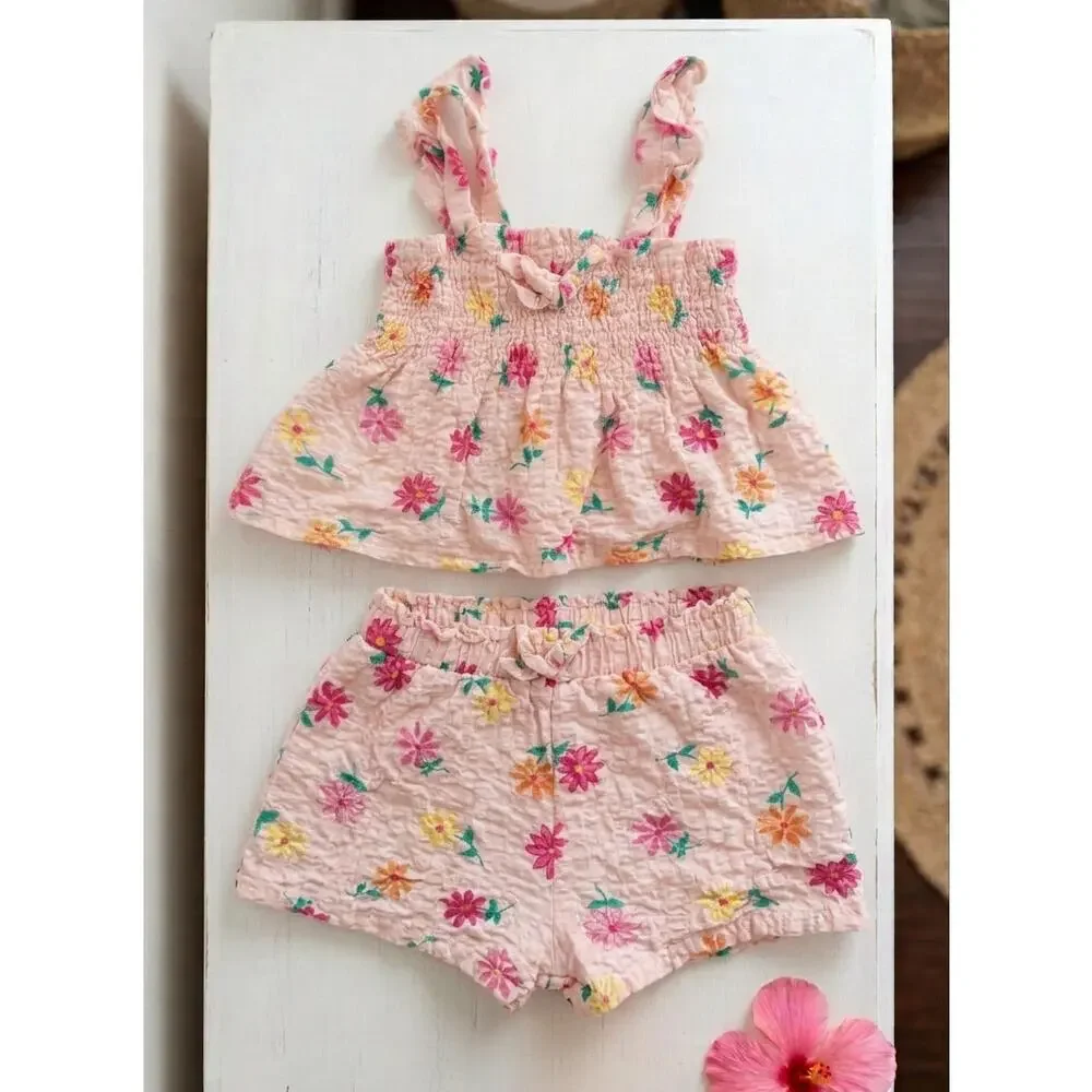 BTween Toddler Girls Pink Floral Smocked Cami Top & Ruffle Shorts Set 3T